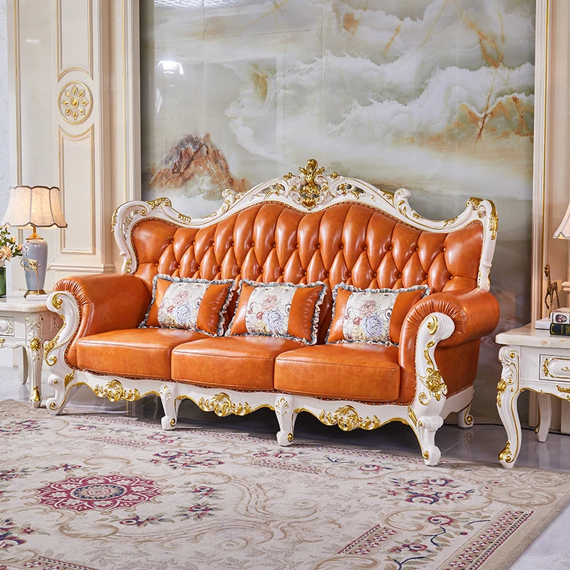 

Кожаный диван с резьбой по дереву и цветком, элитный роскошный первый слой из воловьей кожи 123, комбинированная вилла для гостиной