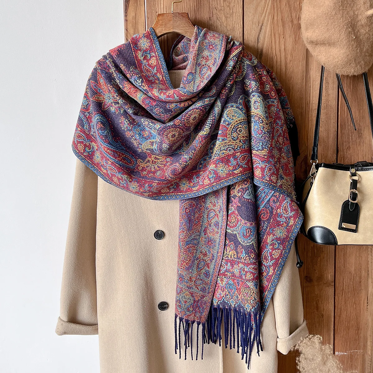 

New Brand Winter Women's National Style Paisley Printed Thick Pashmina Shawl Warm Long Tassel Scarf | Cold-Resistant Poncho