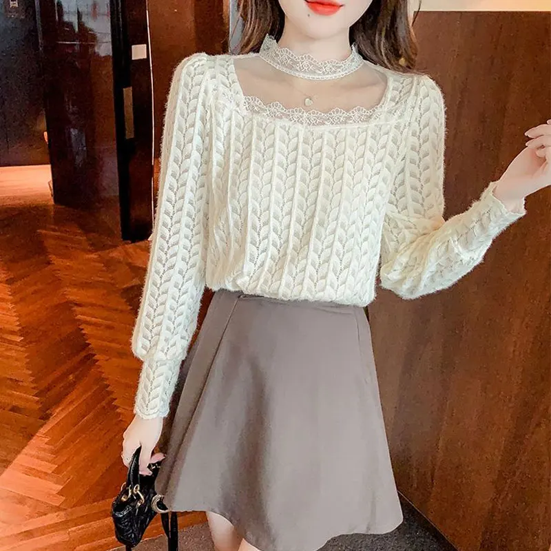 Sexy Gauze Hollow Out Lace Blouse Female Clothing Casual Half High Collar Basic Spring Autumn Stylish Commute Long Sleeve Shirt