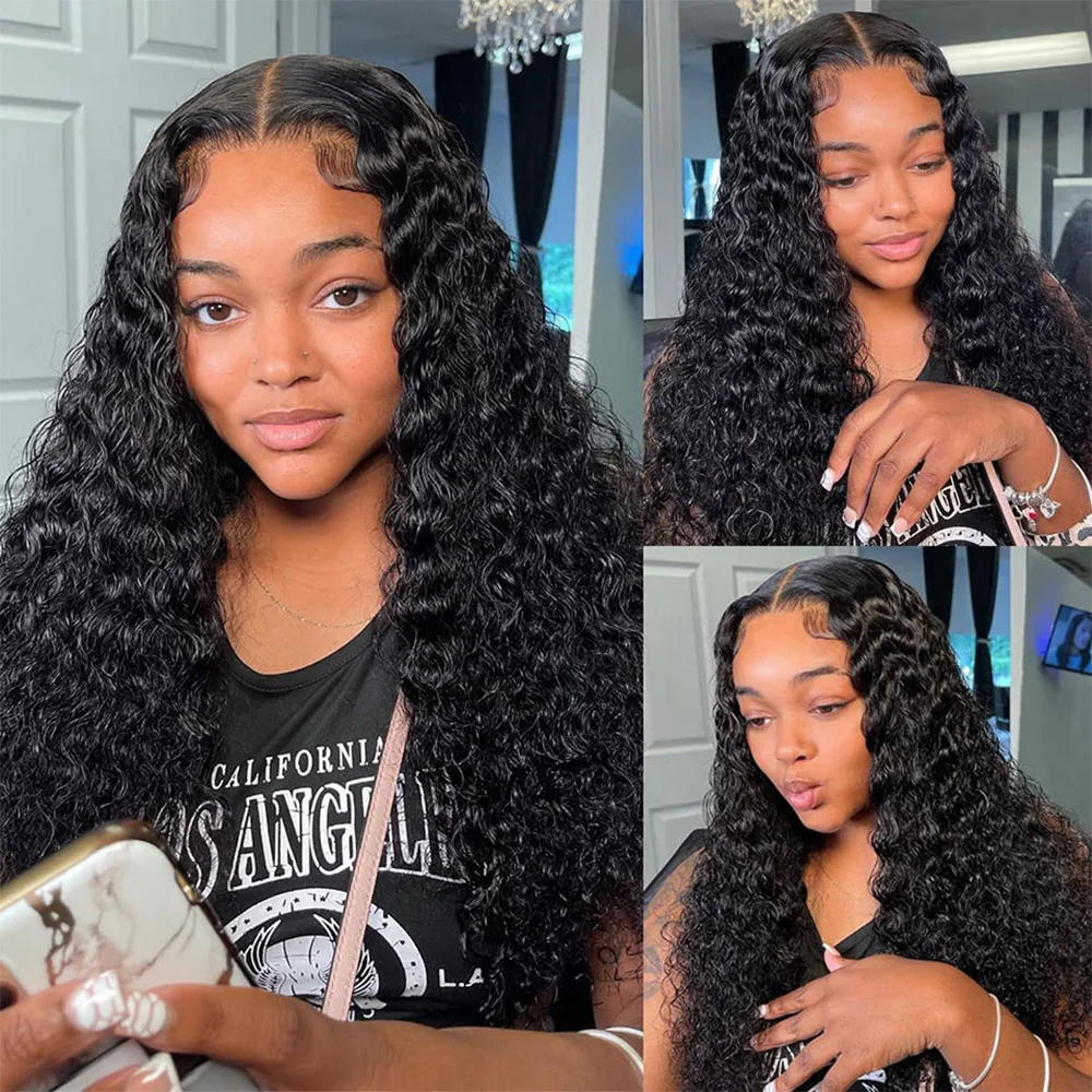QIYING Deep Wave Bundles With 4x4 Lace Closure 12A 100% Virgin Human Hair Weave Extensions Free Part Natural Black Double Weft Curly Human Hair Bundles With Closure Local In Stock Fast Shipping For Women