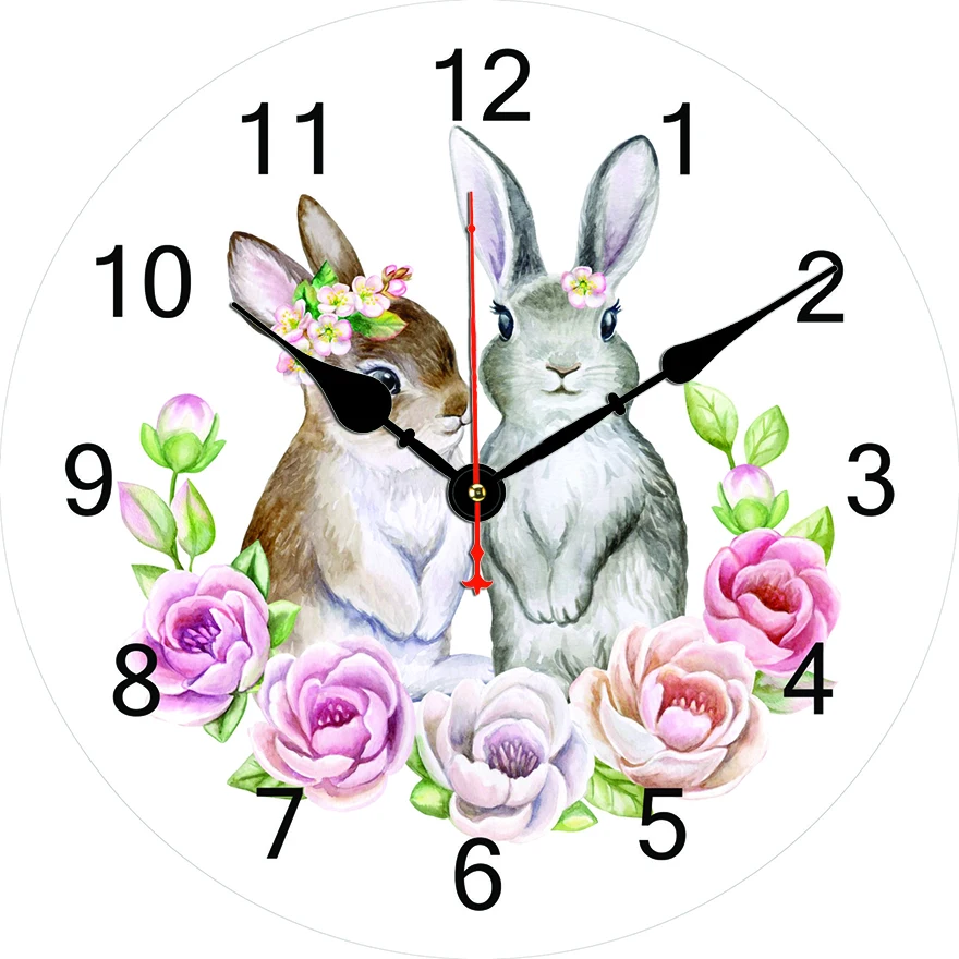 Reloj de pared redondo con flor de conejo, sala de estar, dormitorio, cocina, decoración del hogar, reloj de pared, reloj de cuarzo silencioso, artículos de decoración del hogar