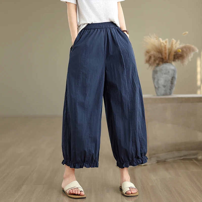 الصيف المرأة كشكش هيم مرونة الخصر Dstring فانوس زهرة السراويل واسعة الساق تسع نقاط بناطيل كاجوال فضفاضة تناسب رقيقة #1