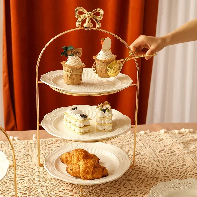 European Gold Metal 3 Tier Dessert Stand Afternoon Tea Cake Display Fruit Snack Buffet Serving Tray