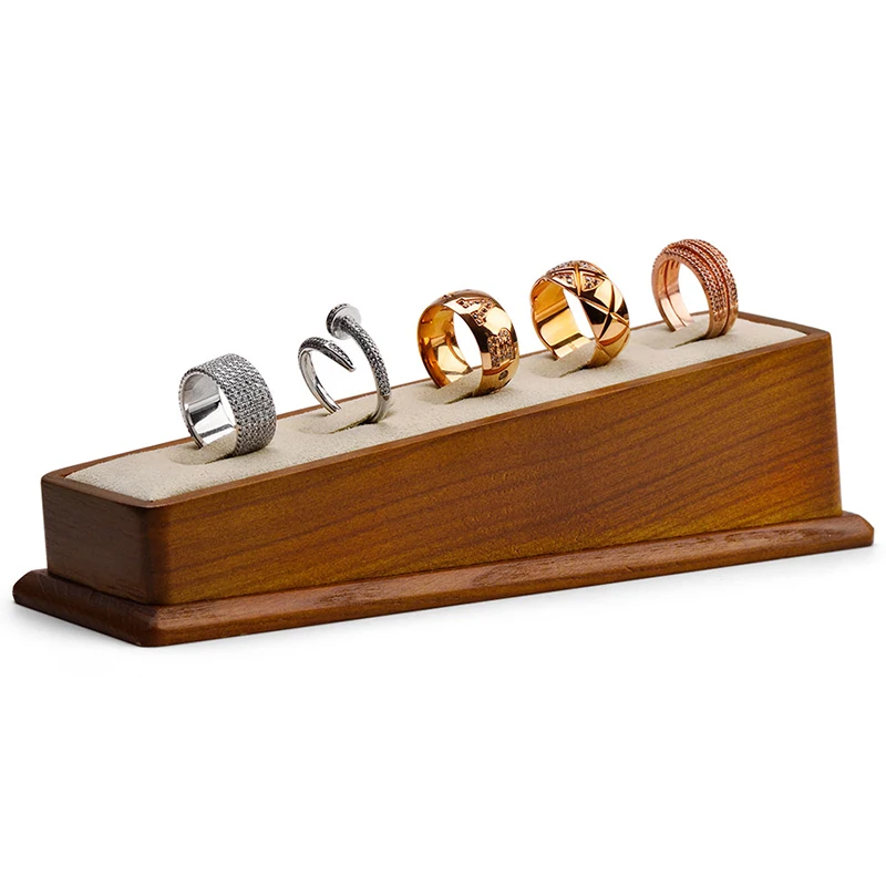 Oirlv 5 Grids Solide Holz Ring Display-ständer mit Mikrofaser Schmuck Organizer Lagerung Rack Schaufenster für Exhibit Ring Halter