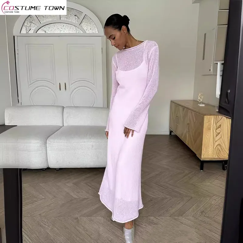 

European and American style knitted hollow out long sleeved dress+fashionable vest skirt soft two-piece set