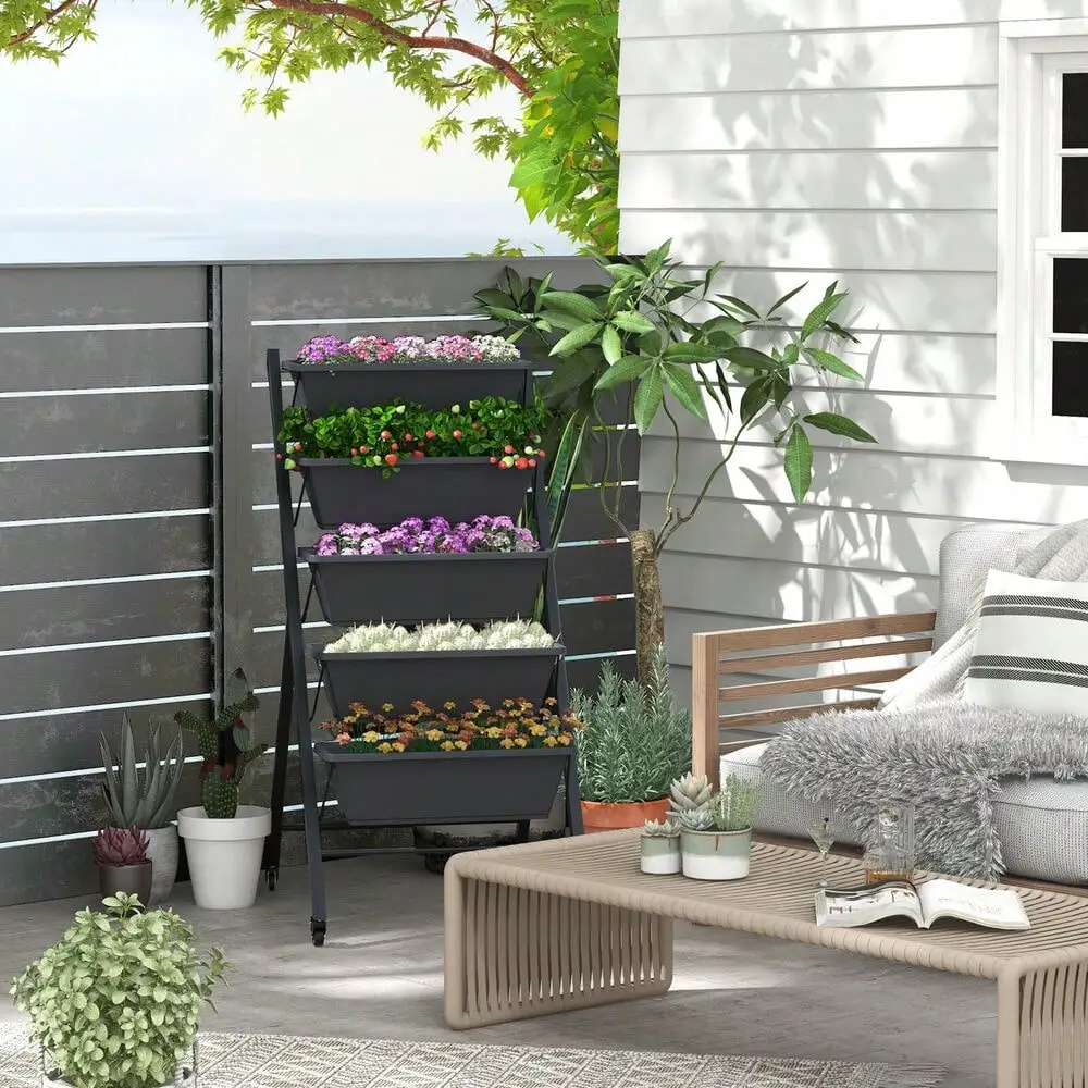 5-Tier Vertical Raised Garden Bed Elevated Planter w/Container Boxes & Wheels