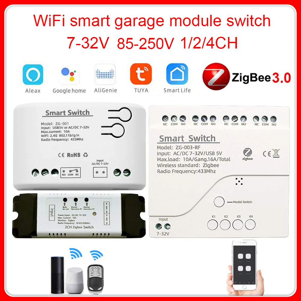 1/2/4Ch Tuya Zigbee Smart Switch Relay Module 5V 12V 24V 220V APP Remote Control Wireless Radio RF 433MHz for Zigbee Gateway Hub