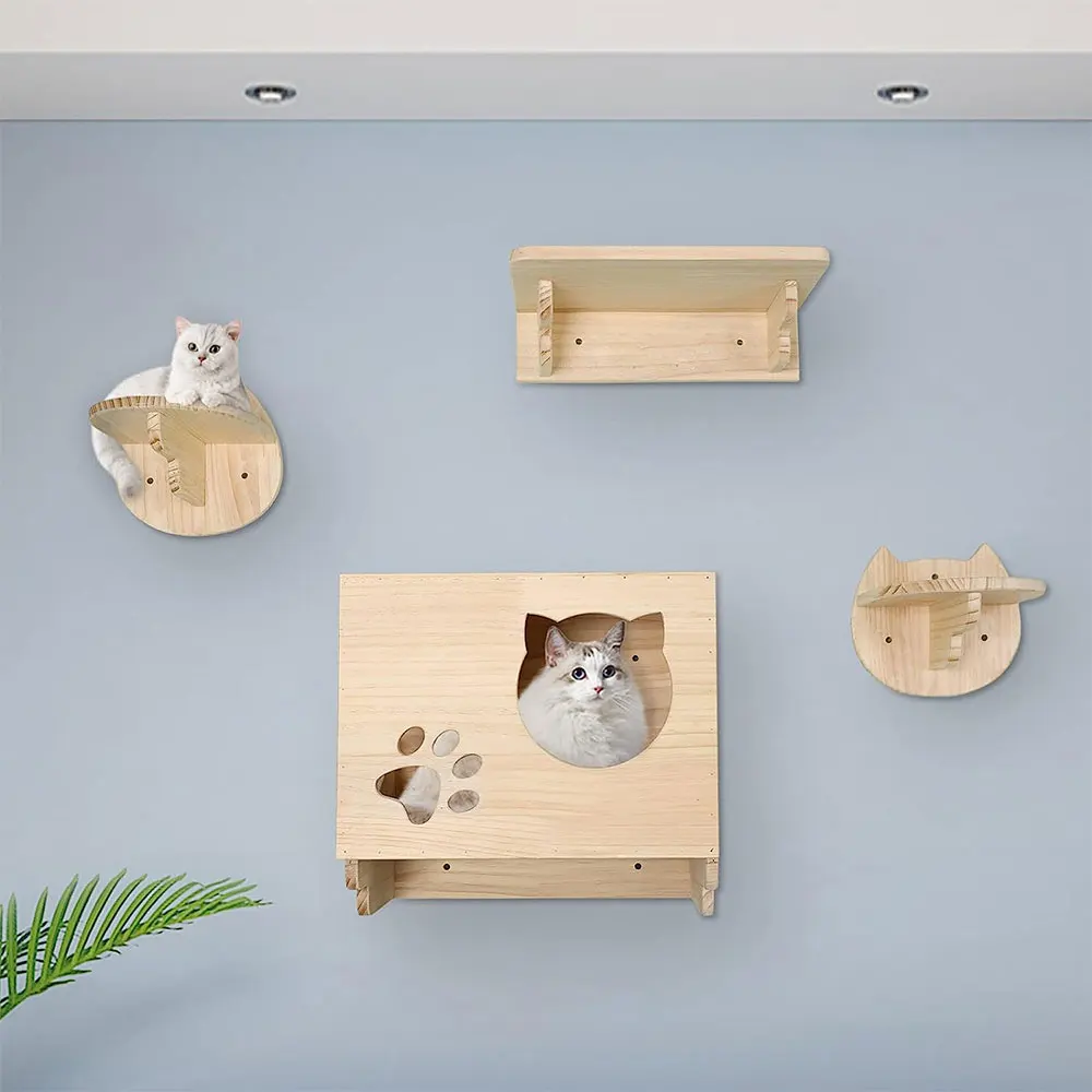 Cat Tree Wall Mounted Climbing Shelves Wooden Hammock with Ladder and Cat Bridge for Cat Perch Sleeping Pet Indoor Playground