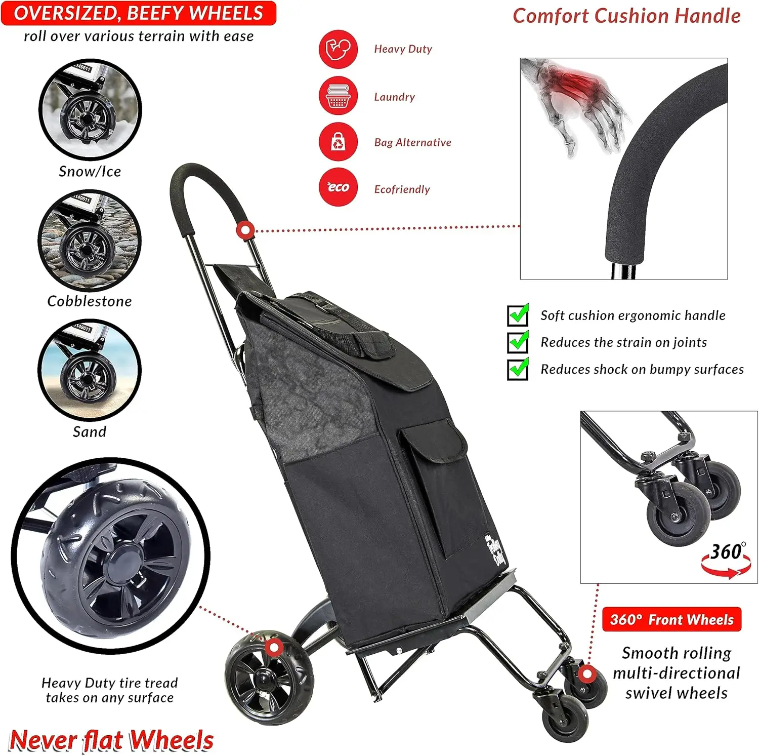 Carrinho dolly rover com bolsa, carrinho de compras de 4 rodas, empurrar dobrável, caminhão de mão, rodas giratórias, jardim, leve l