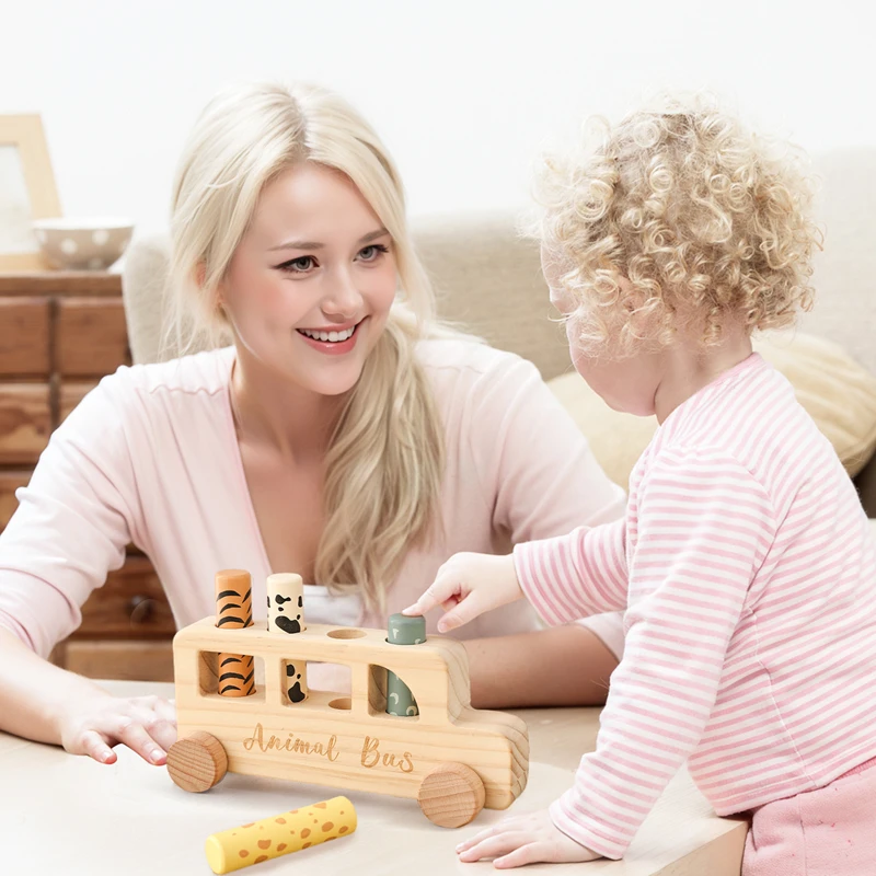 Jouets rebondissants en bois pour bébé, voiture en forme de Bus Animal, éducation du nouveau-né, Puzzle sensoriel, Coordination œil-main, jouets d'entraînement, cadeaux pour bébé