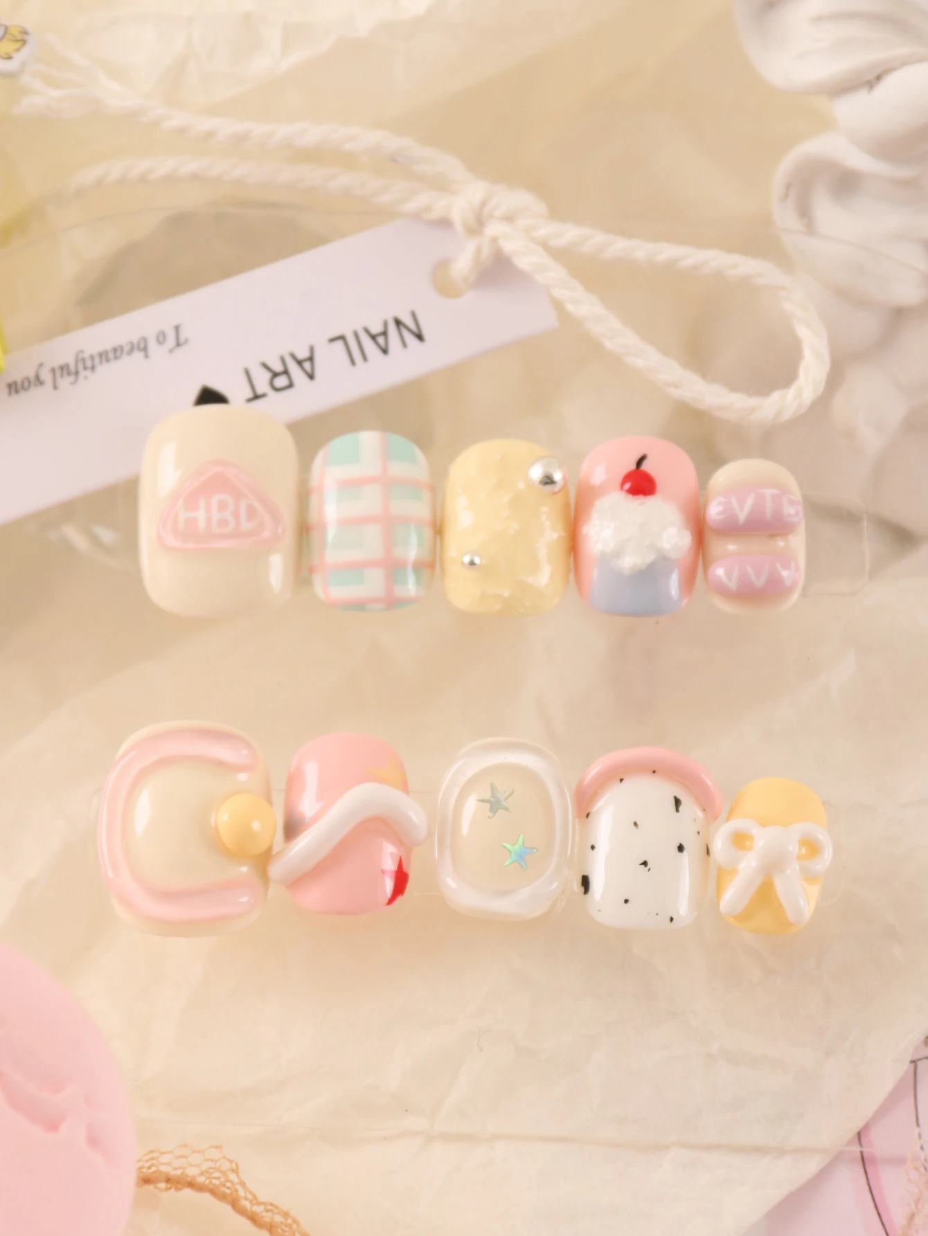 

10Pcs Press on Nails Short Cute Small Cake Star Bow Pink Fake Nails Includes 1 Sheet Adhesive Tabs & 1 Pc Mini File