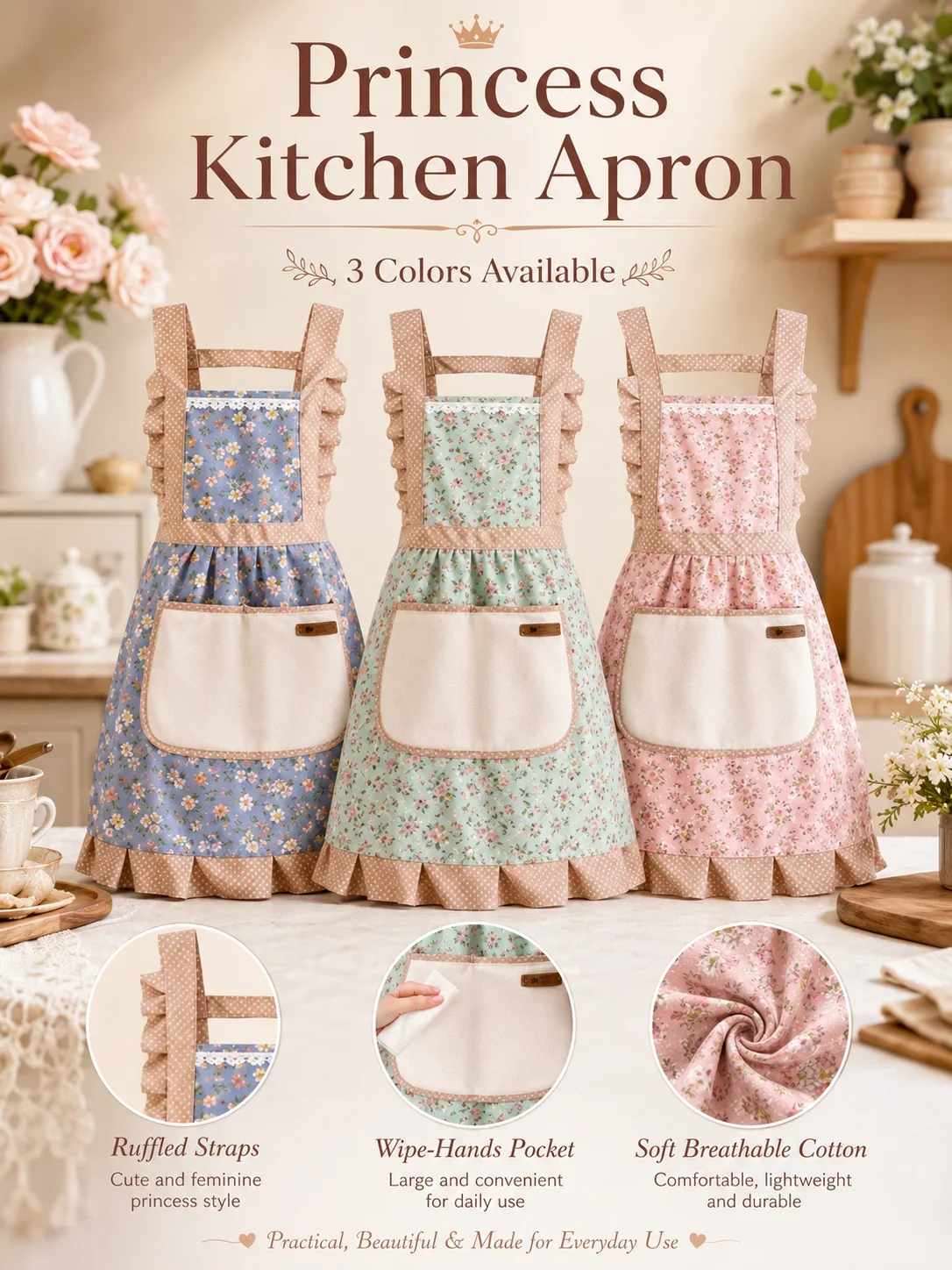 Princess Kitchen Apron for Women, Back Buckle Apron with Towel, Oil Proof Bib Apron with Large Pockets for Cooking