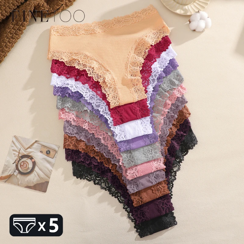 FINETOO 5 Stück Baumwoll-Blumenspitzen-Unterwäsche Damen Mittelhohe Slips Sexy Einfarbige Trendige Höschen Dehnbare Damenunterwäsche Neu