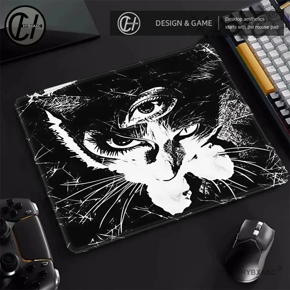 Gothic Evil Demon Cat Mouse Pad, Black Metal Angry Fangs Cat Desk Mat, Non‑Slip Rubber Gaming Desk Pad for Laptop