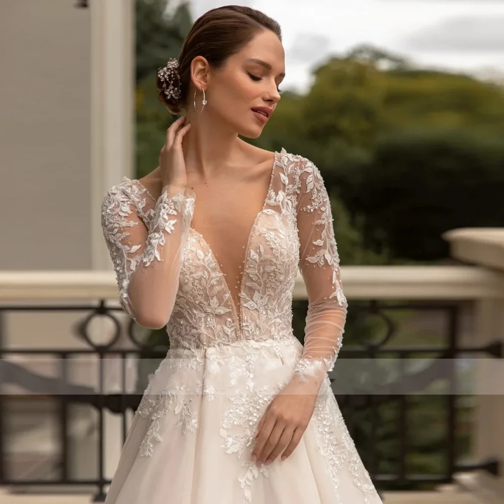 Vestidos de novia de tul con cuello en V profundo, manga larga con apliques, línea A, tren de barrido, elegante