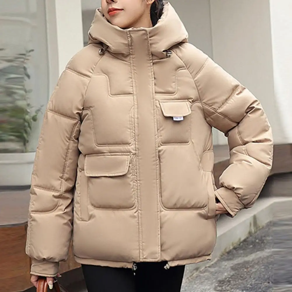 Women Winter Jacket Patch Pocket Zipper Closure Hooded Down Cotton Coat Warm Thicken Overcoat Women Casual Outwear Clothes