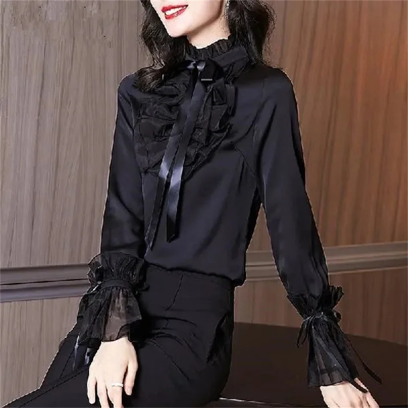 Camisas femininas blusa nova primavera outono camisa preta retro hong kong sabor bonito olhar folha de lótus borda manga longa camisa topo