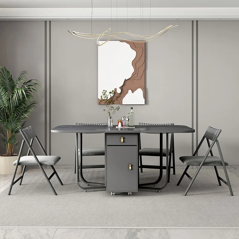 Table de salle à manger mobile et pliante, avec étagère de rangement et 2 tiroirs, Table de cuisine extensible et polyvalente, chaises pliantes en métal