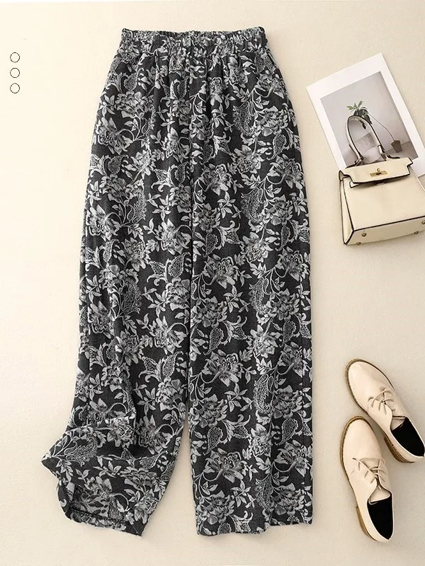 Fashionable Retro Embroidered Straight Casual Pants Women's Autumn Elastic Waist Slimming Youthful Versatile Smooth Wide Leg ...