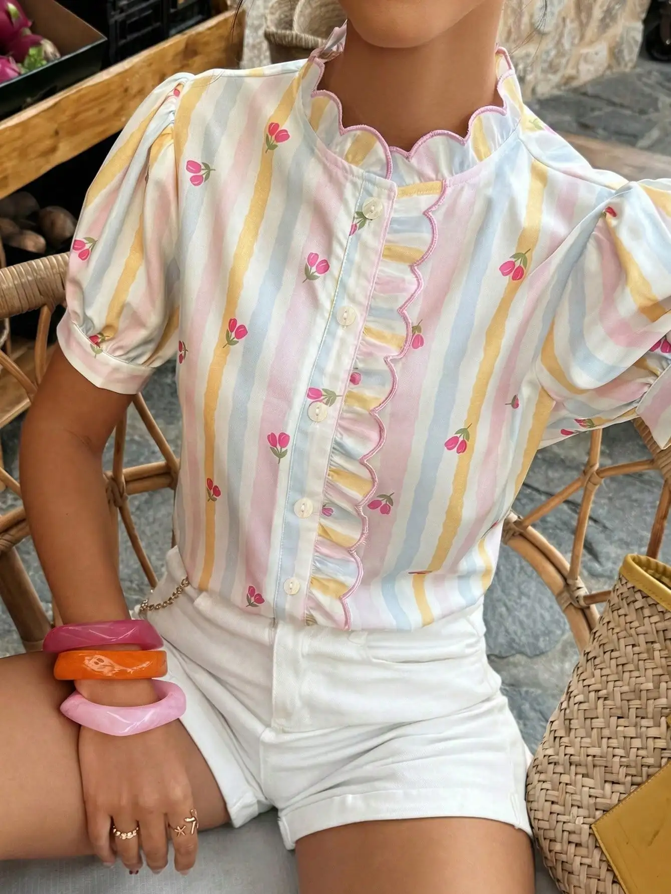 

Women's Colorful Striped Short Sleeve Puff Sleeve Ruffled Blouse Casual Vacation Top