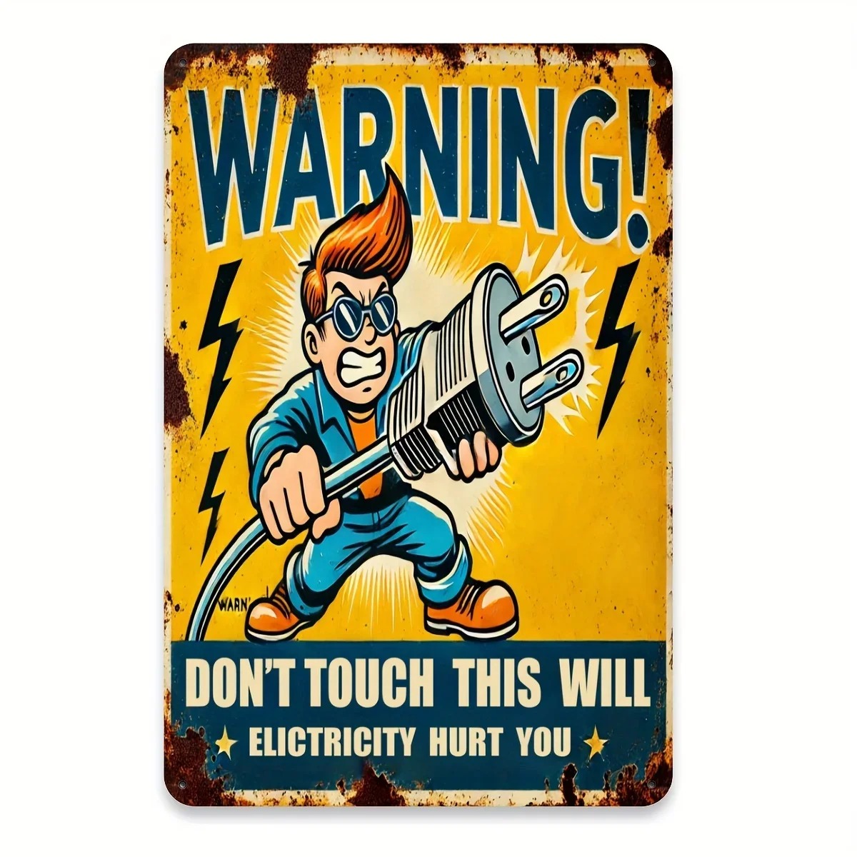 

1PC Vintage Warning Iron Wall Decorative Sign Electrical Hazard Humorous Cartoon Design for Garage Bar Cafe Club Living Room