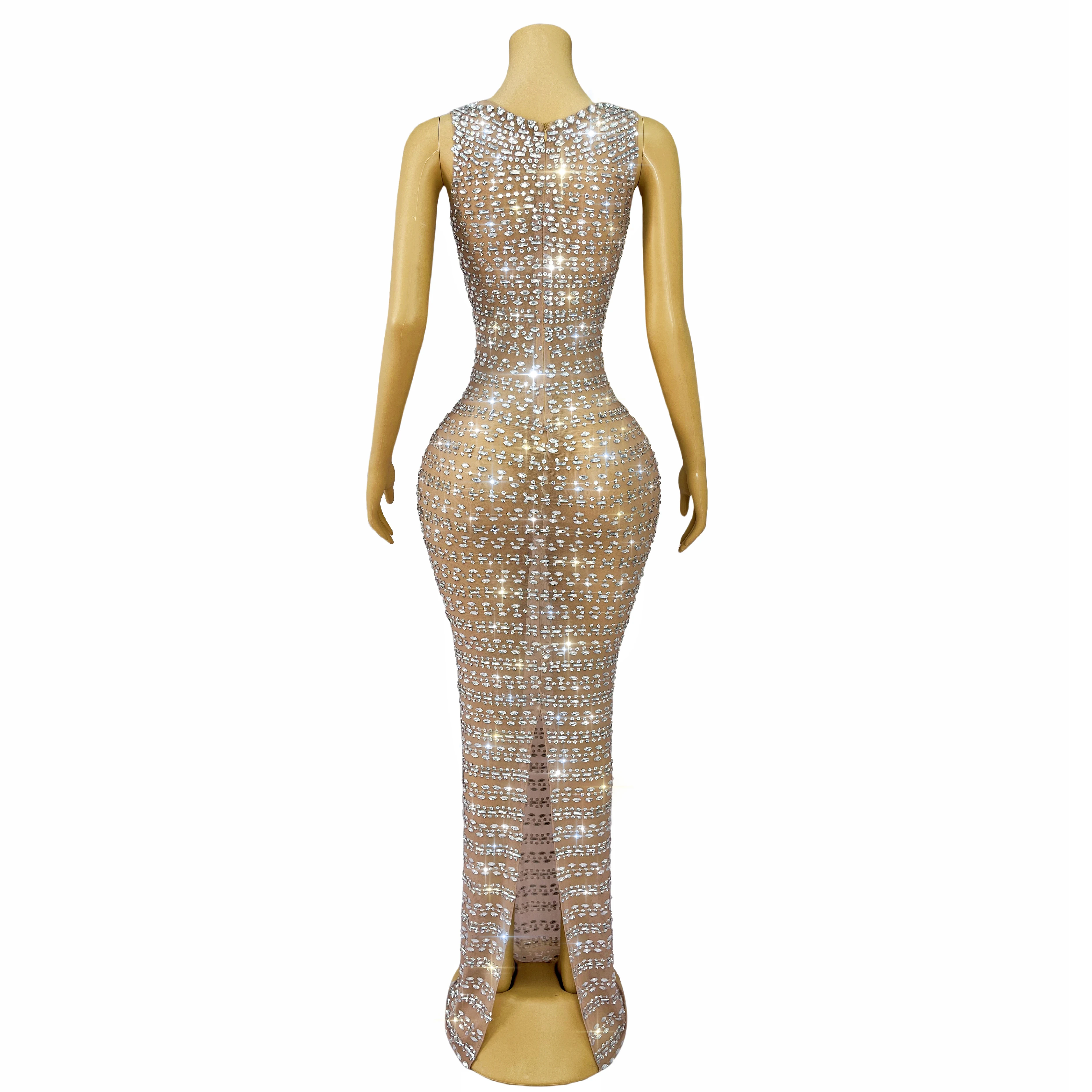 Elegant Twinkling Rinestones Sexy Nude Mesh Trim fiit Dress Women Evening Party Gown Show Red carpet Fashion Outfit Gangsiqiu