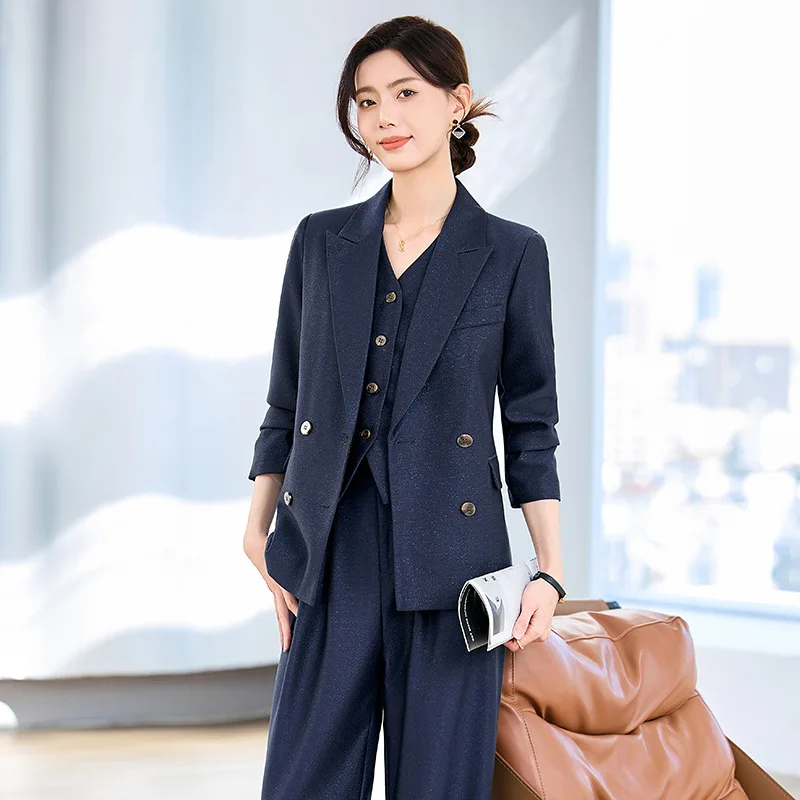 

Women Vest Blazer Jacket and Pant Suit Pink Blue Apricot Office Ladies Business Work Career Wear Formal 3 Pieces Set