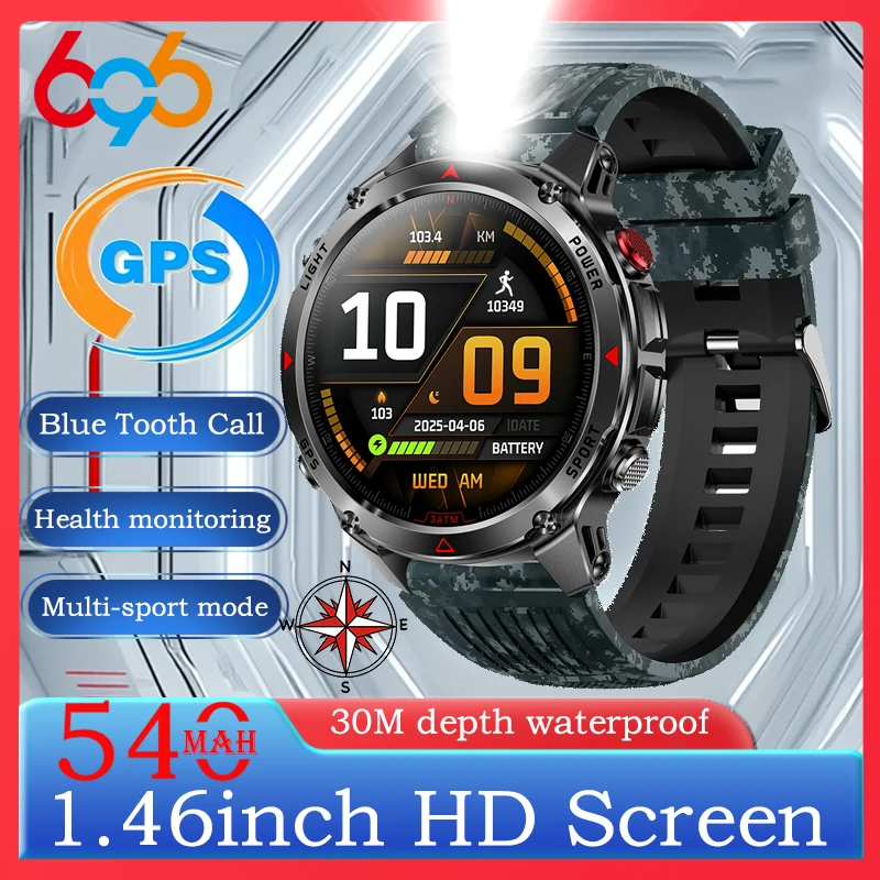 

Спортивные умные часы с GPS на открытом воздухе для мужчин, 30 м, водонепроницаемый компас, светодиодный фонарик, напоминание о информации, синий зуб, звонок, здоровье, умные часы