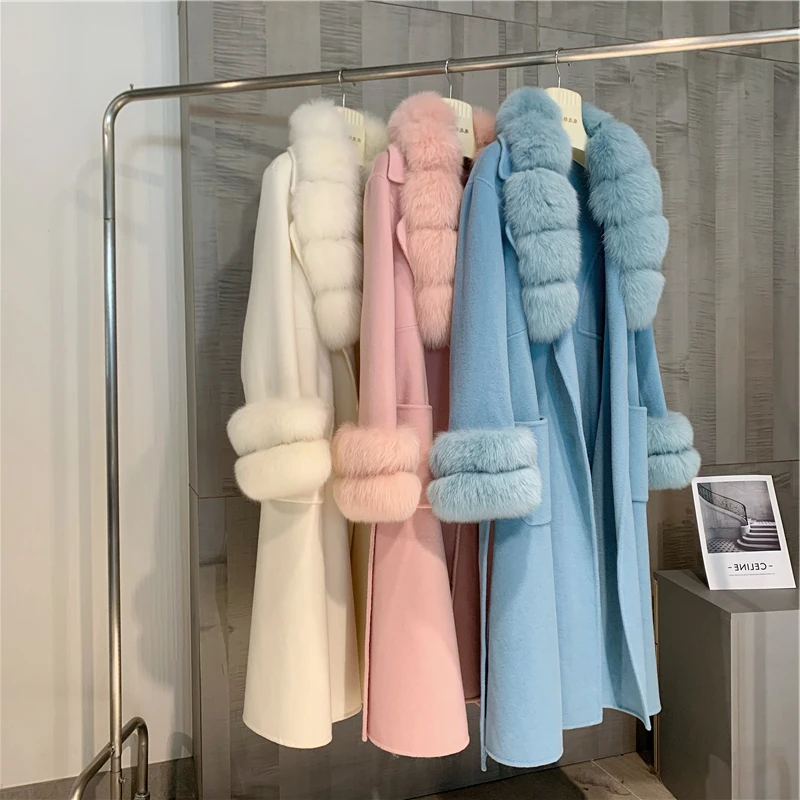 

2023 Woolen fur,New British Style Vintage Long Wool Cashmere Real Fox Fur Coats For Women Fall Winter Luxury Female Fur Outerwe