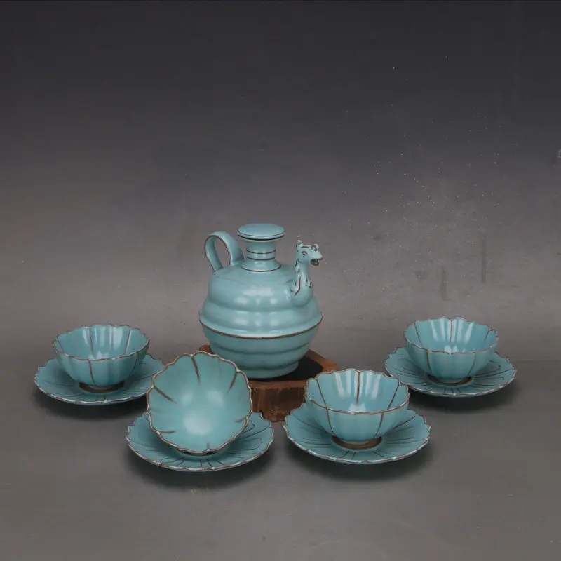 Ru Ware Blue Glaze Phoenix Teapot Lotus Leaf Cup Set Handcrafted Porcelain Antique Style Home Decor Tea Set