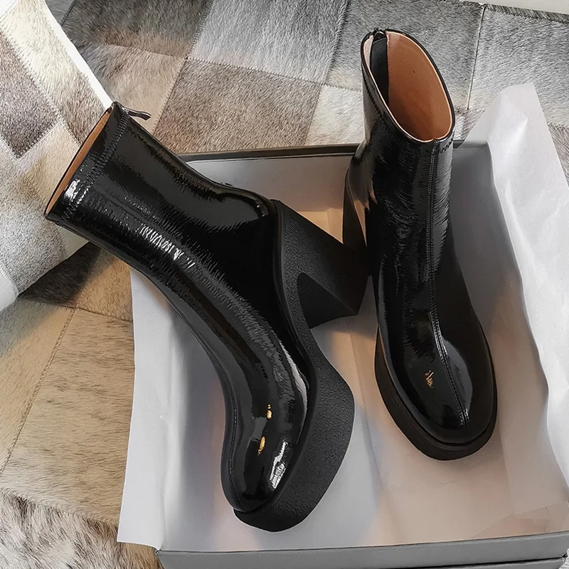 Nowe 2020 jesienne buty damskie zimowe buty krowa patentowe skórzane szpilki platforma czarne beżowe buty kobieca sukienka Party Office Boots