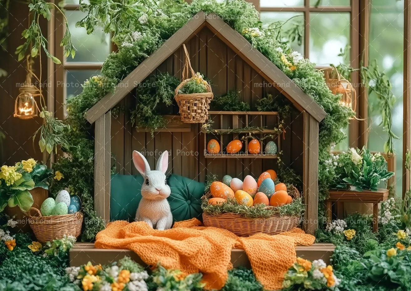 เมโฮฟอนด์การถ่ายภาพพื้นหลังฤดูใบไม้ผลิอีสเตอร์บ้านไม้กระต่ายน้อยสีขาวไข่หลากสีสันเด็กภาพครอบครัวฉากหลังตกแต่ง