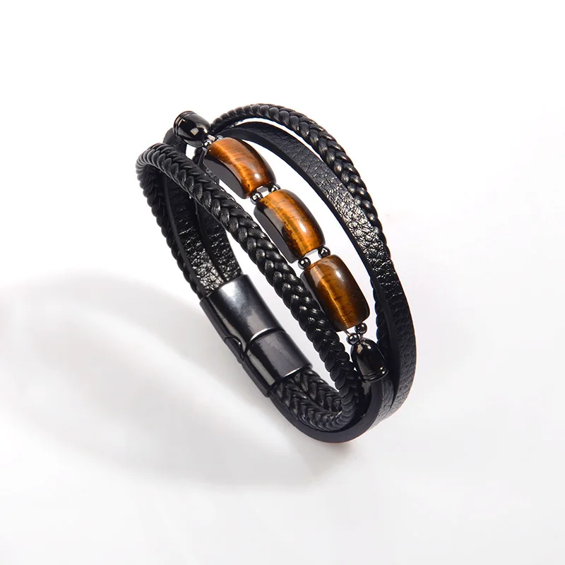 

Hand-woven Multi-layer Leather Bracelet European and American Style Stainless Steel Clasp Tiger Eye Stone Leather Cord Bracelet