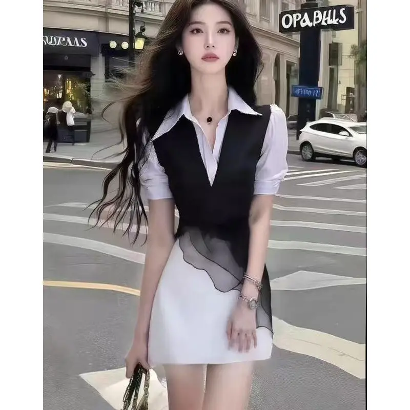 Nueva moda contraste de Color vestido camisero mujer verano mangas de burbuja cintura delgada Cinched A-Line Mini Vestidos Oficina señora Vestidos