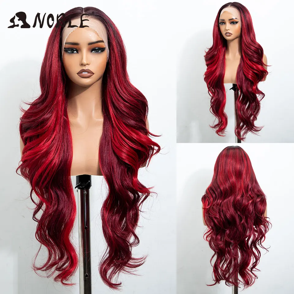 Noble Synthetic Lace Front Wigs For Women 30 Inch Curly Wine Red Ombre Highlight 13x4 Body Wave Silk Base Lace Wig Cosplay Wig