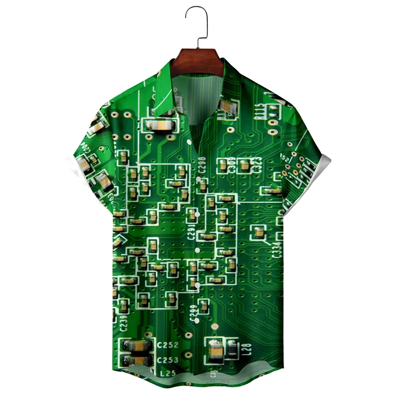 Electronic Chip 3D Printed Shirts For Men Clothes Vintage Motherboard Blouses Engineer Short Sleeve Button Personality Male Tops