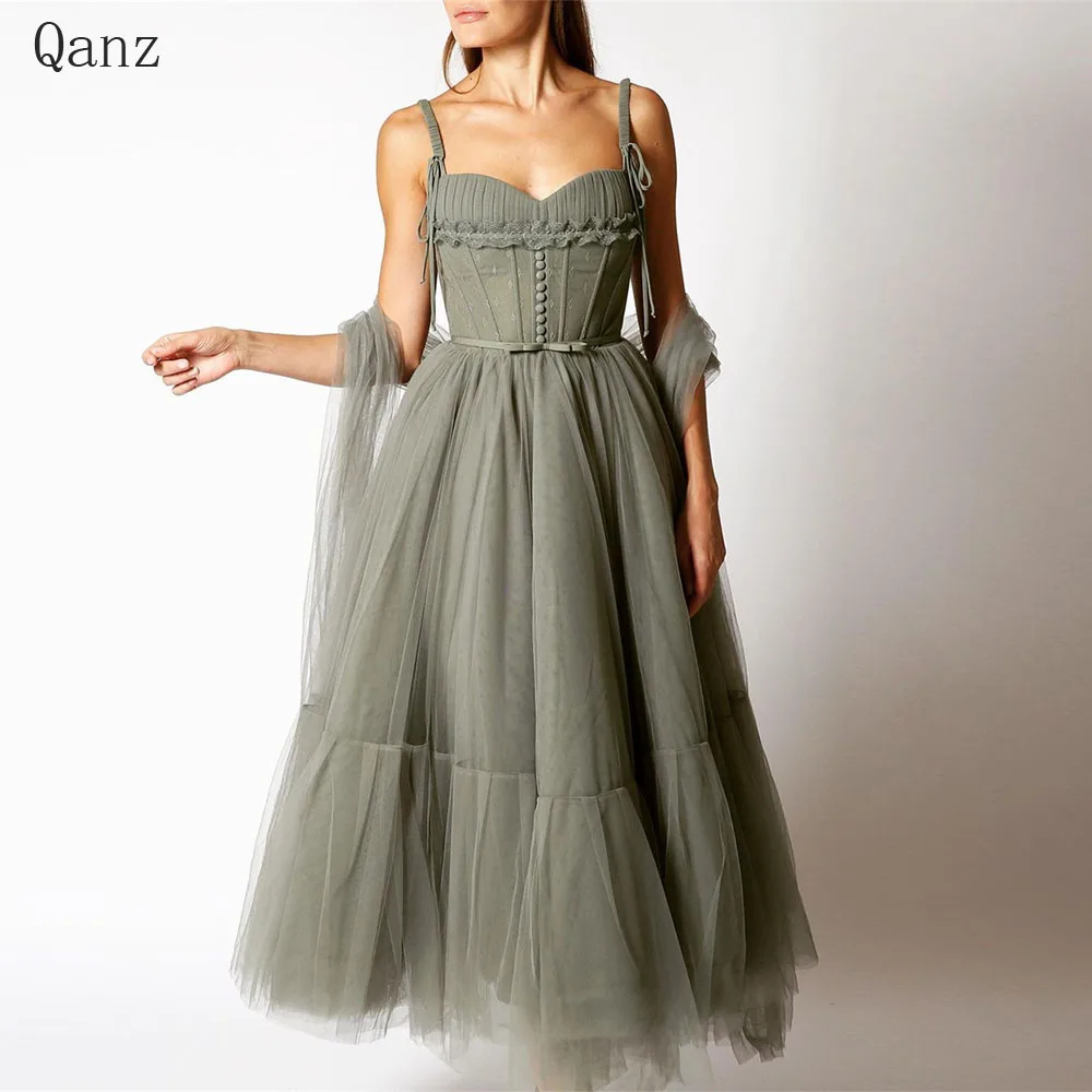 

Qanz Modern Tulle Prom Dresses Spaghetti Straps Long A Line Vestido De Festa De Casamento Ankle Length Lace Formal Occasion Dres