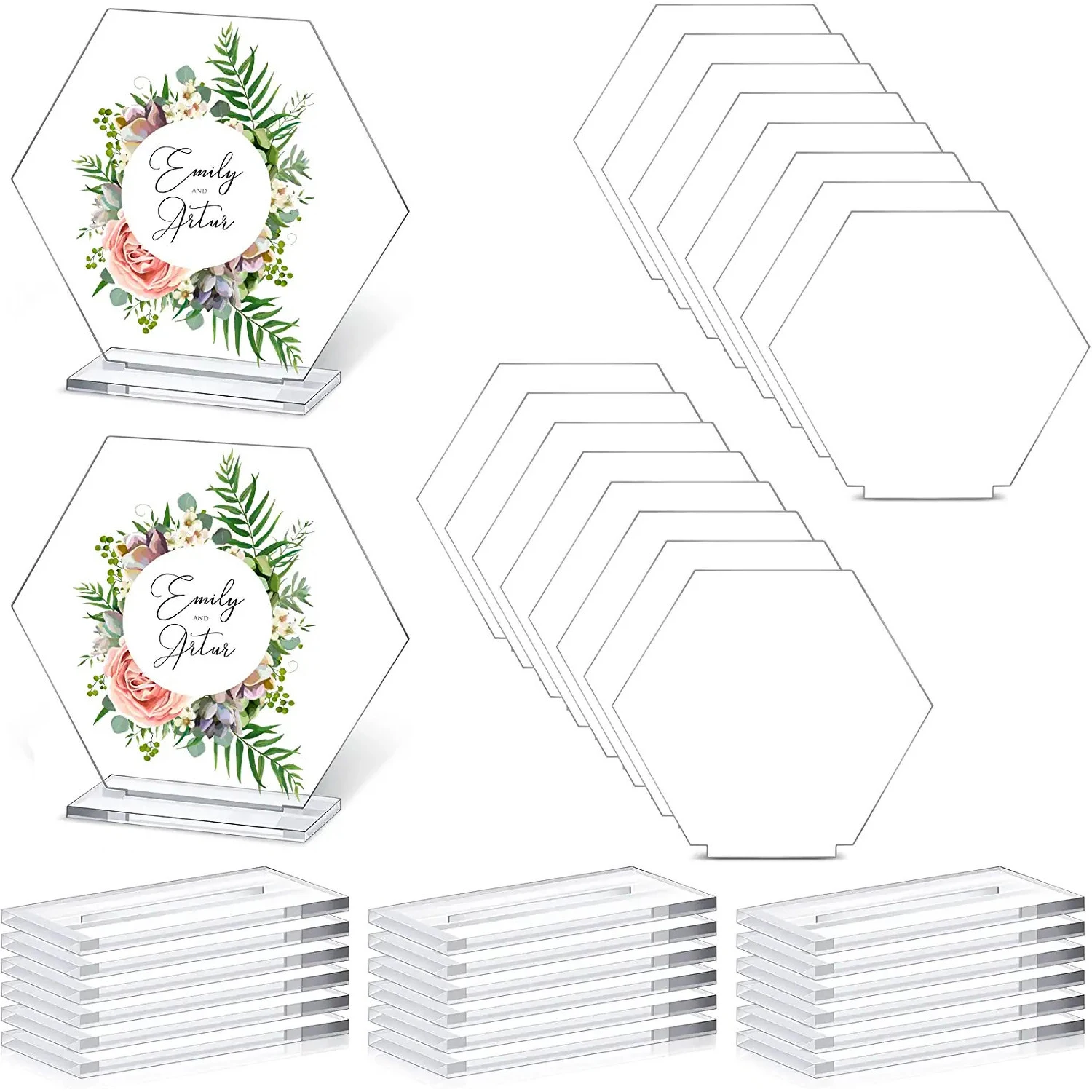 Clear Blank Acrylic Place Card Hexagon Wedding Sign Table Number w/h Holder Sublimation Seating Card for Reception Banquet Party