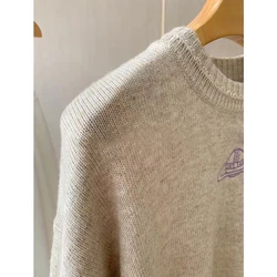 Saturn Embroidered Sweater Wool  Blend Casual Beige Color Split Pullover Knitted Top Lady Jumper Clothes