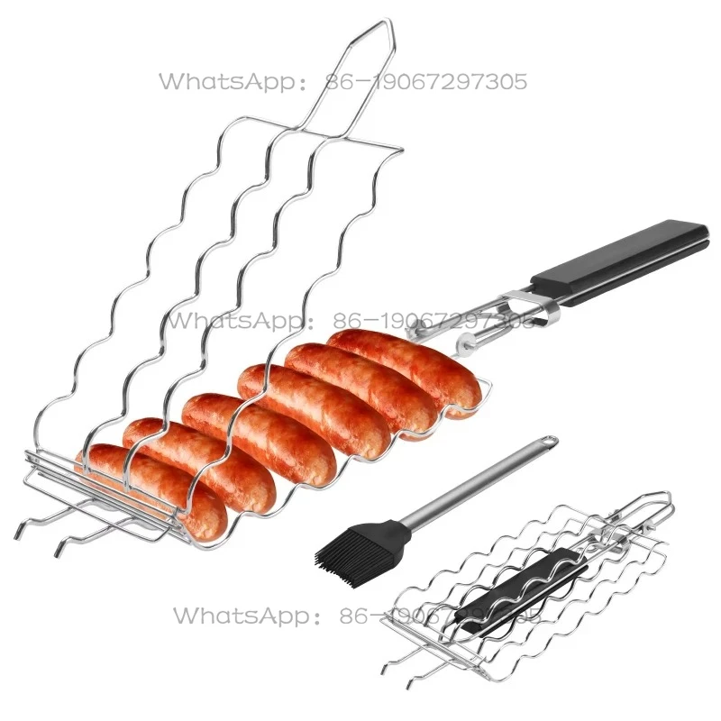 

Hot Dog Barbecue Basket with Brush 6 Sausage Stainless Steel Mesh with Removable Heat-resistant Wooden Handle
