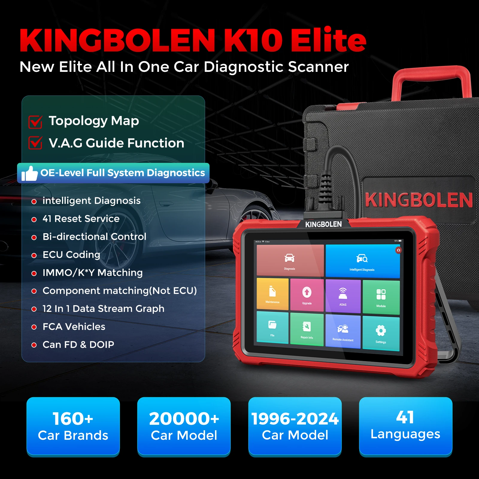 KINGBOLEN K10 ELITE All System Diagnostic Scanner Auto Scan FCA ECU Coding OBD2 Car Tool 40+ Resets with CAN FD DOIP Protocols