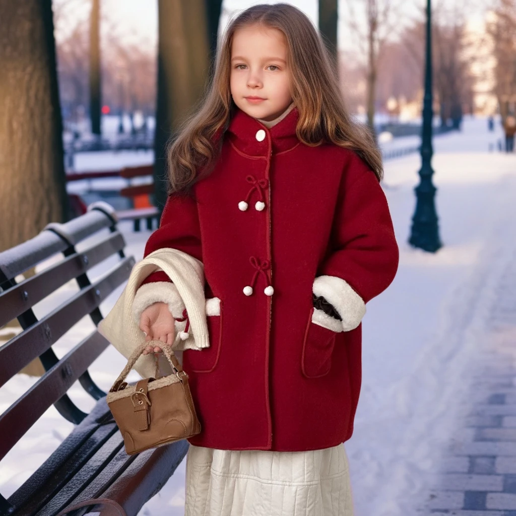 

Шерстяное пальто для девочек, зимняя рождественская вечеринка, утолщенная длинная твидовая куртка с милым бантом, верхняя одежда для подростков, красное повседневное новогоднее пальто 8 лет