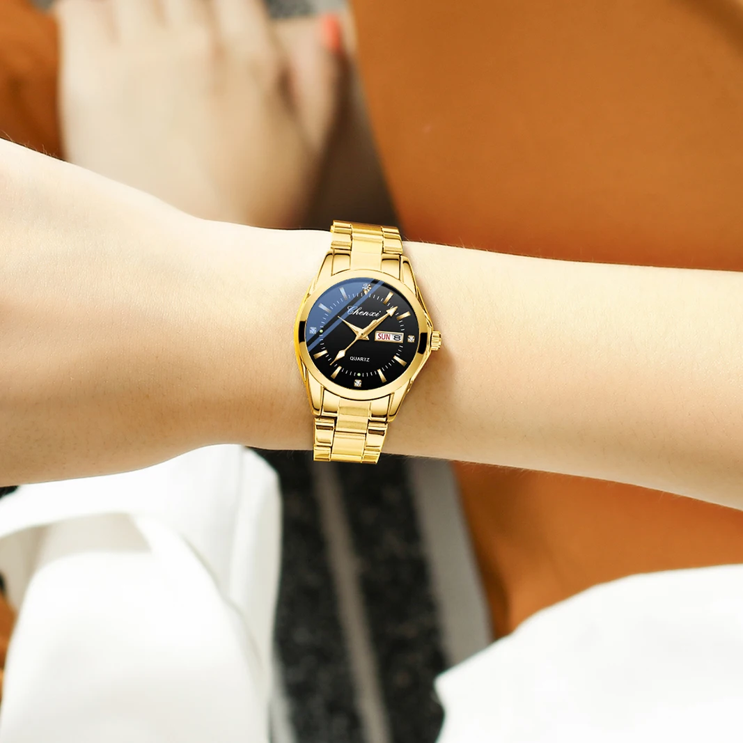 CHENXI 남녀 커플 시계 세트, 스테인레스 스틸 쿼츠, 달력 주간 손목시계, 커플 선물, 오리지널 브랜드