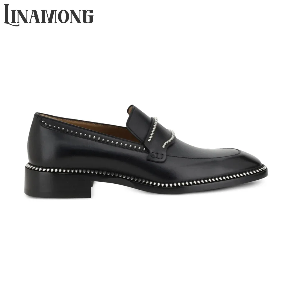 Black Spike Loafers Almond Toe Silver-Tone Studs Leather Shoes Designer Style Handmade Shoes for Men Almond Toe Slip-On Loafers view 3