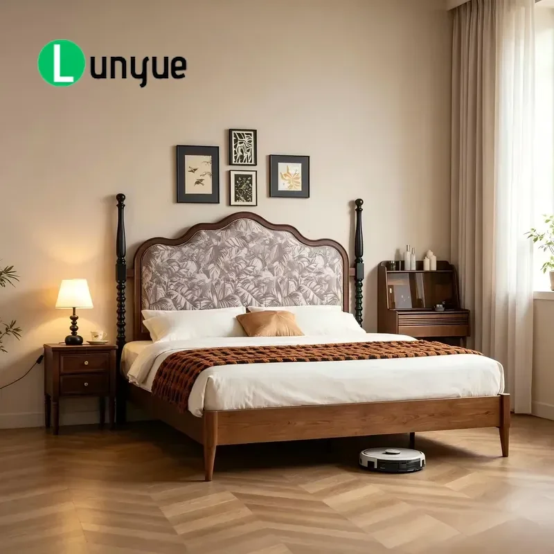 Traditional Hand Carved Solid Wood Bed Frame Patterned Headboard Double Size Storage Space Eco Friendly Soft Bed For Bedroom