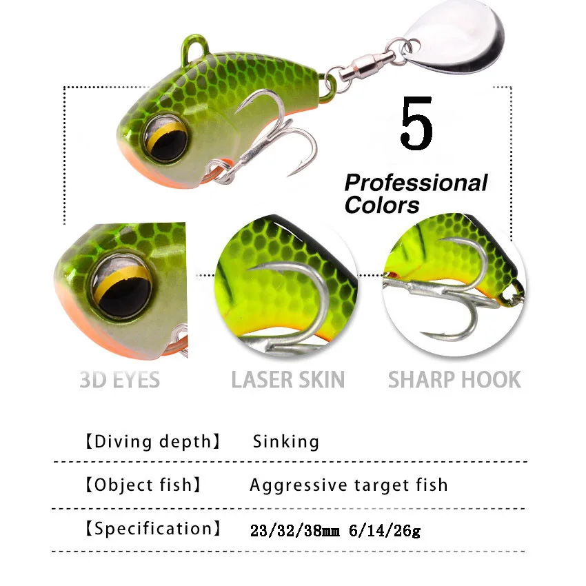 New Arrival  1PCS 6g/14g/26g Metal VIB Fishing Lure Spinner Sinking Rotating Spoon Pin Crankbait Sequins Baits Fishing Tackle