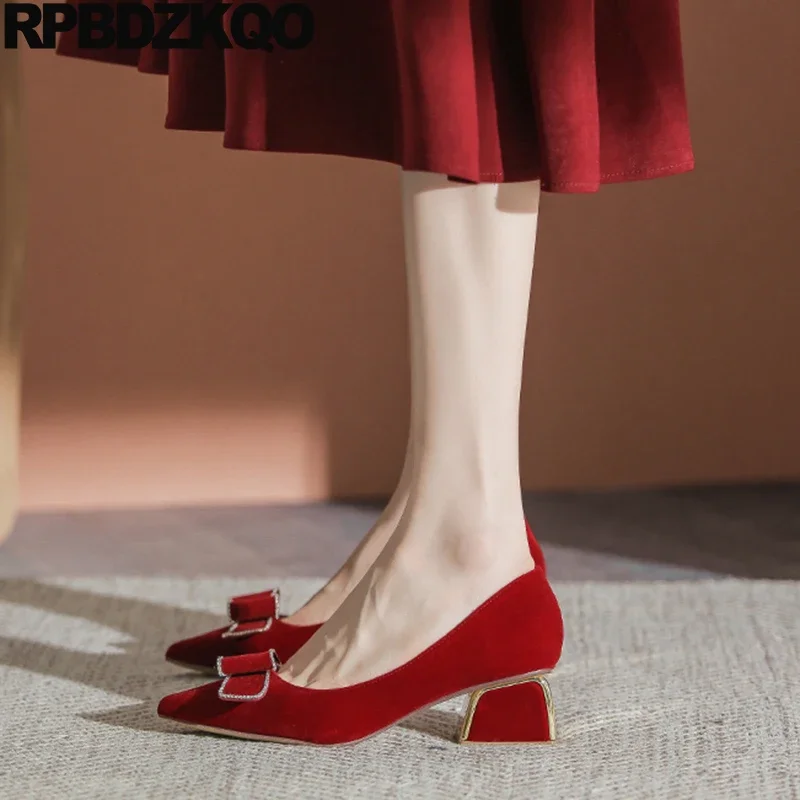 Bow Knot Pointed Toe Diamond Women Bride 33 Suede Slip On Pumps Large Size Bowtie 43 Rhinestone Small Shoes Block Medium Heel