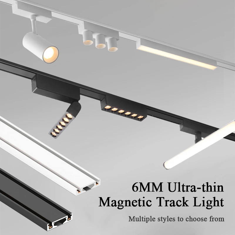 

6MM Ultra Thin Magnetic Track Light 48V System Black White Surface Mounted Ceiling Rail Lighting Downlight Spotlight LED Lamp