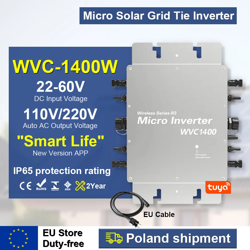 EU Stock 800W 1400W 1600W Micro Solar On Grid Inverter DC22-60V to AC230V Built into TUYA APP Monitor