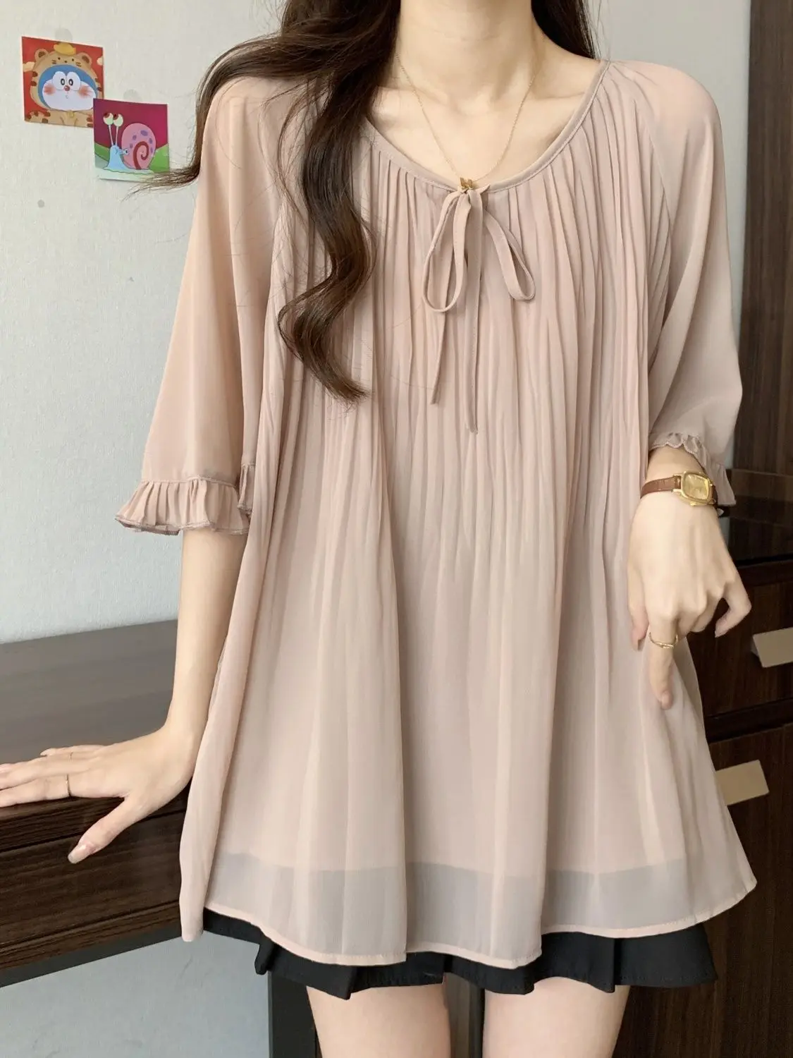 

2025 Summer New Style Stylish Short-sleeved Slim Chiffon Shirt Loose and Versatile Elegant Top